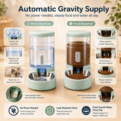 Kacoomi 2-Pack Gravity Automatic Pet Feeder & Water Dispenser Set, 1 Gal Each with Stainless Steel Bowls for Cats & Small Dogs