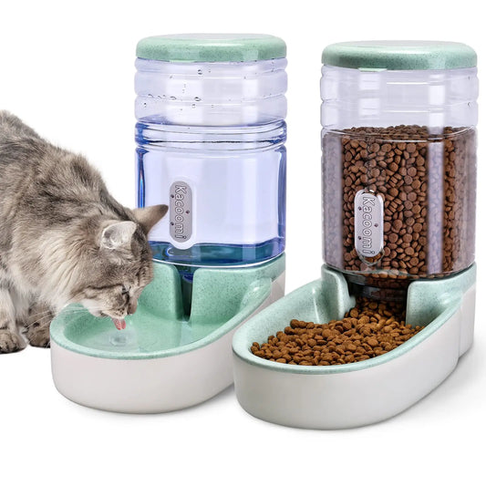 Kacoomi 2-Pack Gravity Automatic Pet Feeder & Water Dispenser Set, 1 Gal Each with Stainless Steel Bowls for Cats & Small Dogs