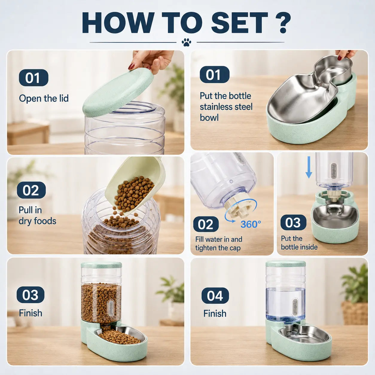 Kacoomi 2-Pack Gravity Automatic Pet Feeder & Water Dispenser Set, 1 Gal Each with Stainless Steel Bowls for Cats & Small Dogs