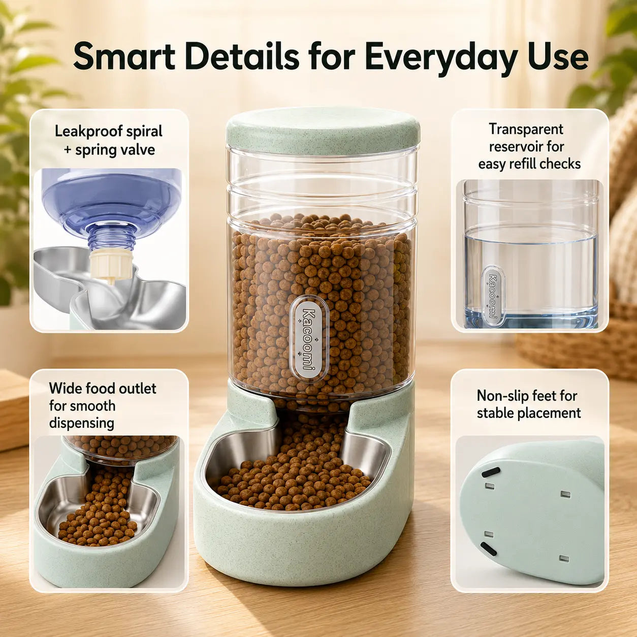 Kacoomi 2-Pack Gravity Automatic Pet Feeder & Water Dispenser Set, 1 Gal Each with Stainless Steel Bowls for Cats & Small Dogs